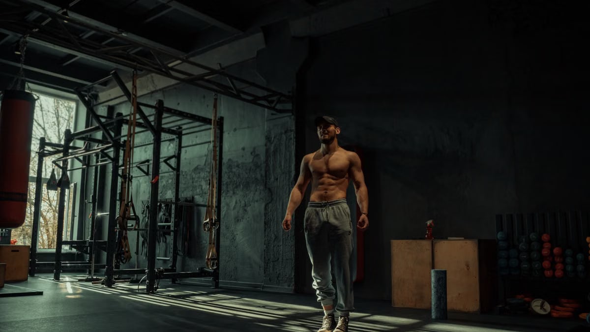 A muscular man poses confidently in a dimly lit gym, highlighting his toned physique.